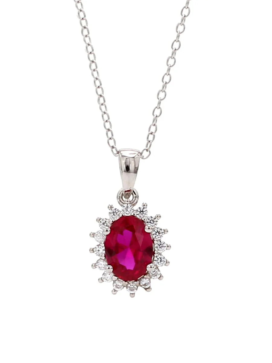 Sterling Silver Red Ruby Halo Oval Pendant