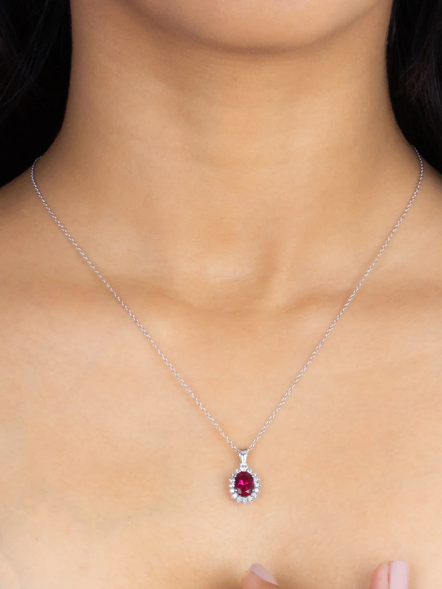 Sterling Silver Red Ruby Halo Oval Pendant